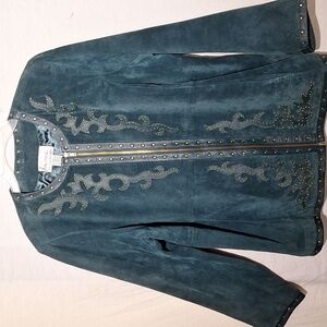 Vintage Linea by Louis Dell'Olio, Teal Embellished Leather Jacket, S, 18, NWOT